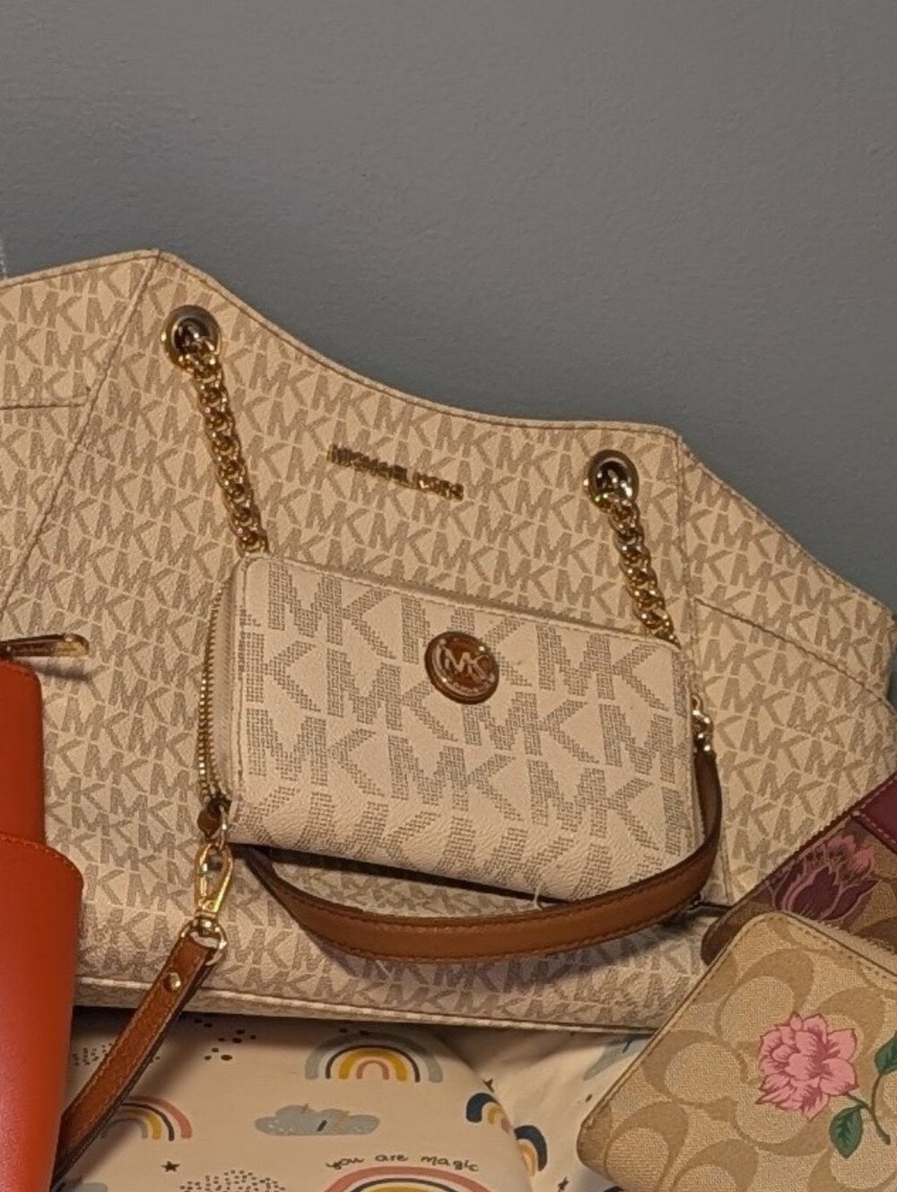 Michael Kors Cream Logo Chain Shoulder Bag with Tan Trim